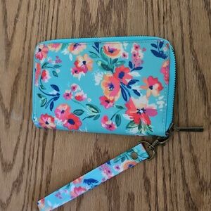 Wander Wallet Floral Bloom Zip Around Wristlet - Teal Pink Blue White